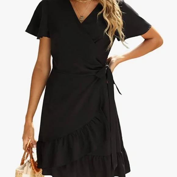 Summer Women Short Sleeve V Neck Casual Short Ruffle Dresses - Picture 1 of 16